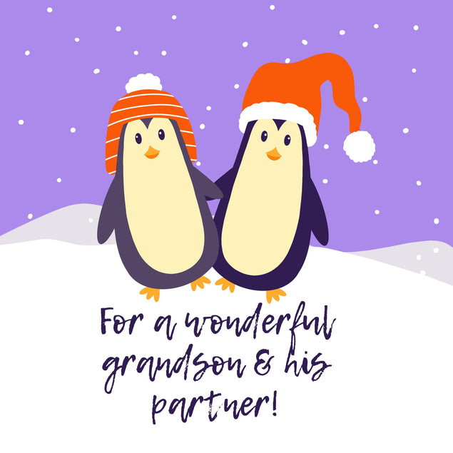 Merry Christmas Wonderful Grandson And His Partner Cute Penguin Couple Confetti-exploding Greetings Card