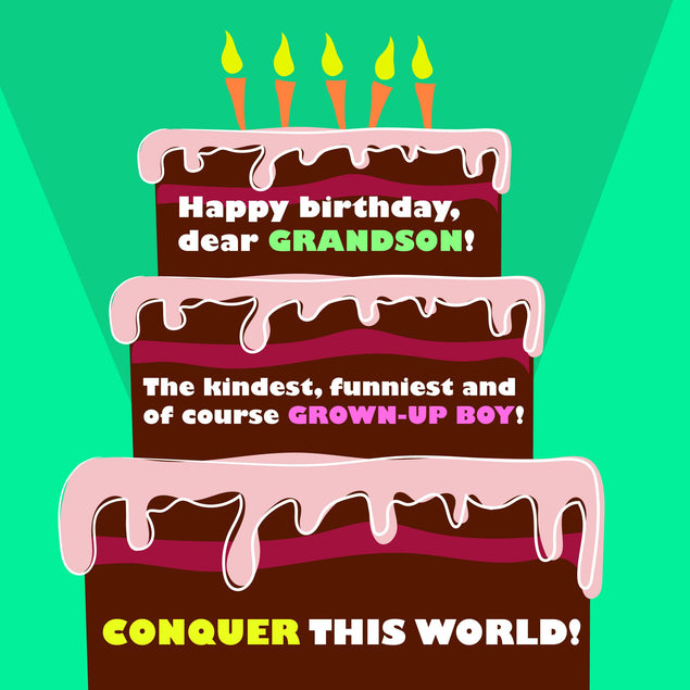 Happy Birthday Grandson Conquer This World Enormous Cake Confetti-exploding Greetings Card
