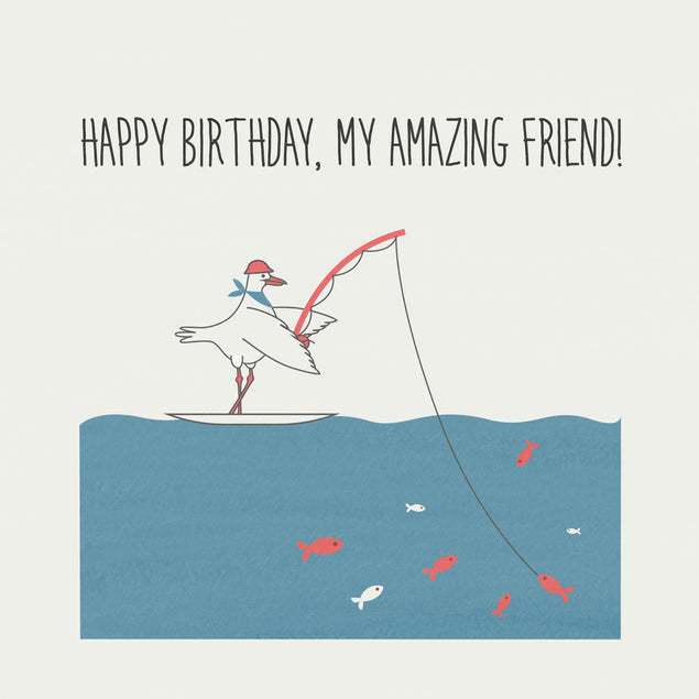 Fishing Seagull Happy Birthday Friend Confetti-exploding Greetings Card