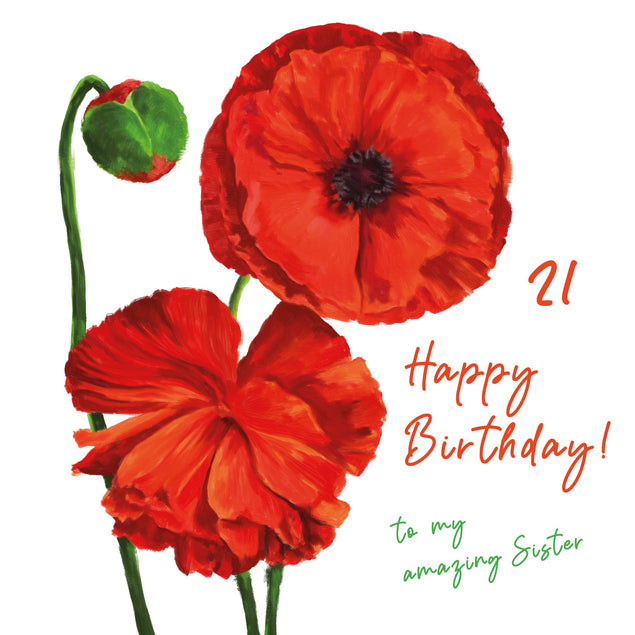 Beautiful Red Poppies Happy 21st Birthday Sister Confetti-exploding Greetings Card
