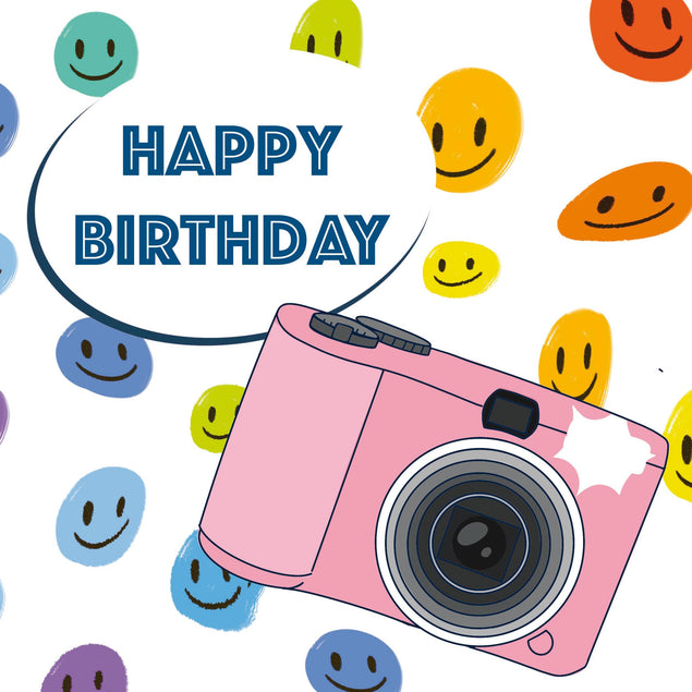 Happy Birthday Pink Camera And Smilies Confetti-exploding Greetings Card