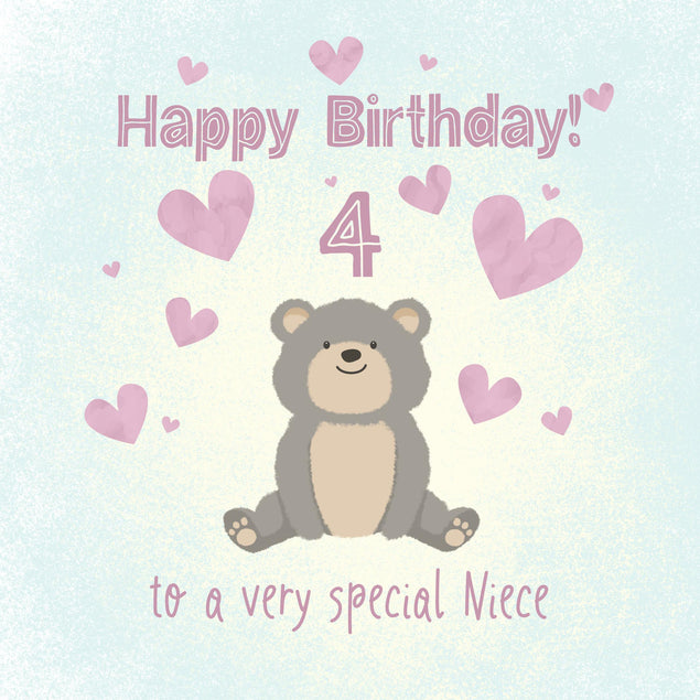 Cute Teddy Bear Happy 4th Birthday Niece Confetti-exploding Greetings Card