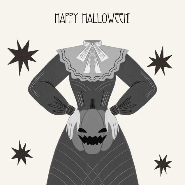Happy Halloween Headless Lady Holding A Pumpkin Black And White Confetti-exploding Greetings Card