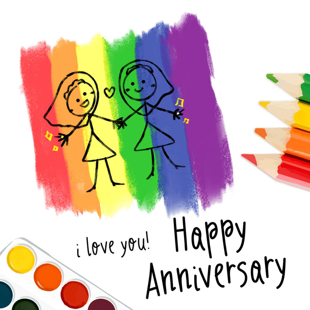 Happy Anniversary Two Girls and Pencils Confetti-exploding Greetings Card