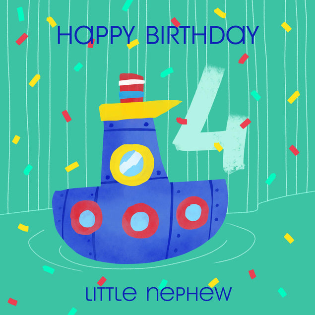 Cute Little Boat Happy 4th Birthday Nephew Confetti-exploding Greetings Card
