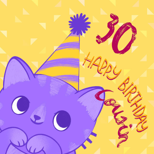 Happy 30th Birthday Cute Cat Cousin Confetti-exploding Greetings Card