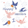 Smiling Birds Happy 1st Birthday Confetti-exploding Greetings Card