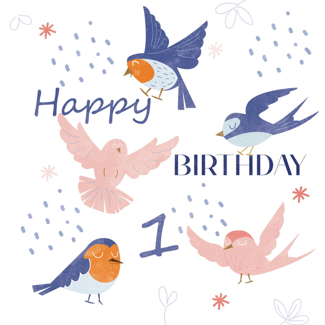 Smiling Birds Happy 1st Birthday Confetti-exploding Greetings Card