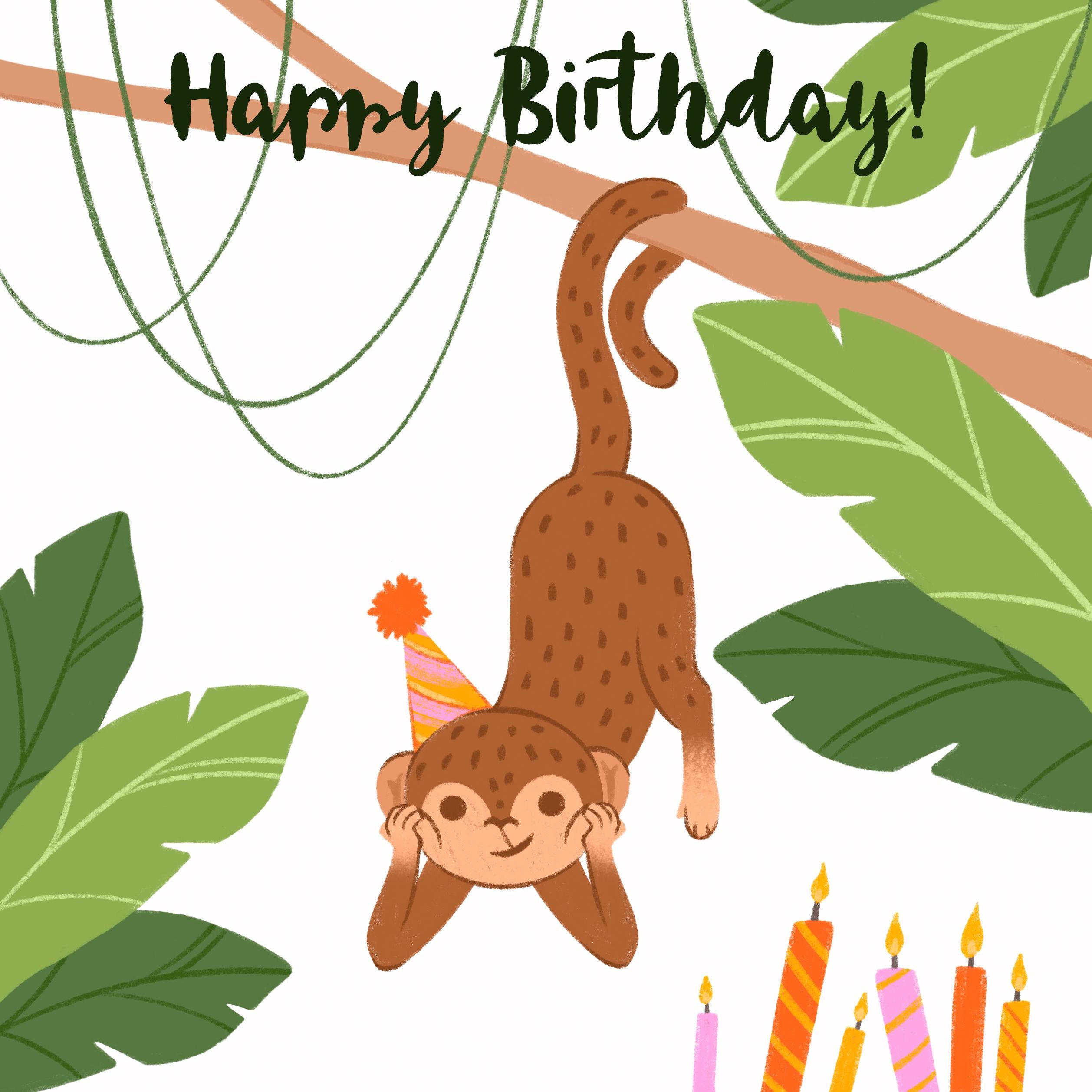 Brown Monkey On A Tree Happy Birthday Confetti-exploding Greetings Car ...