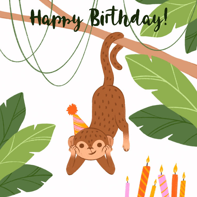 Brown Monkey On A Tree Happy Birthday Confetti-exploding Greetings Card