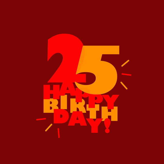 Red and Yellow Happy 25th Birthday Confetti-exploding Greetings Card