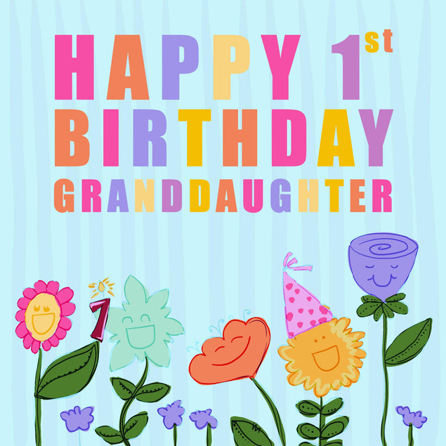 Happy 1st Birthday Granddaughter Smiling Flowers Confetti-exploding Greetings Card
