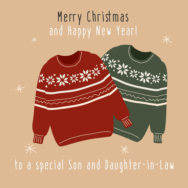 Cute Sweaters Merry Christmas And Happy New Year To Son And Daughter-in-law Confetti-exploding Greetings Card