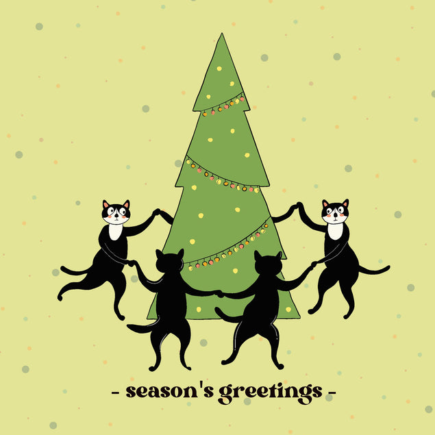 Season's Greetings Black Cats Dancing Around Christmas Tree Confetti-exploding Greetings Card