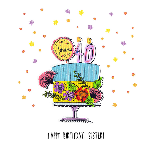 Cake And Flowers Happy 40th Birthday Sister Confetti-exploding Greetings Card