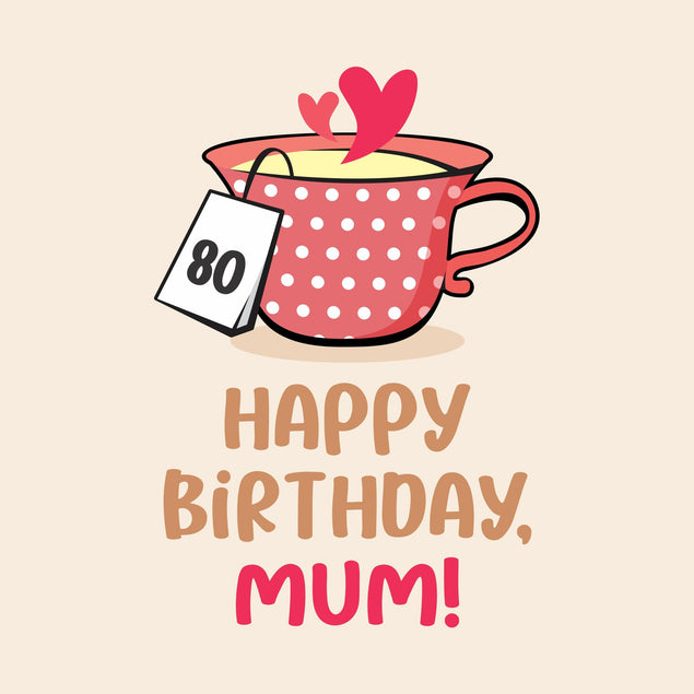 Tea Cup Happy 80th Birthday Mum Confetti-exploding Greetings Card