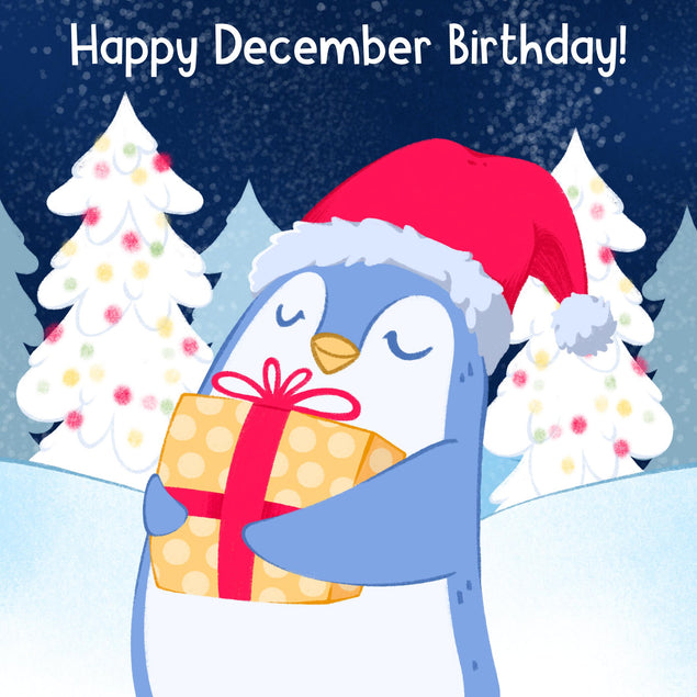 Little Penguin In Red Hat Happy December Birthday Confetti-exploding Greetings Card