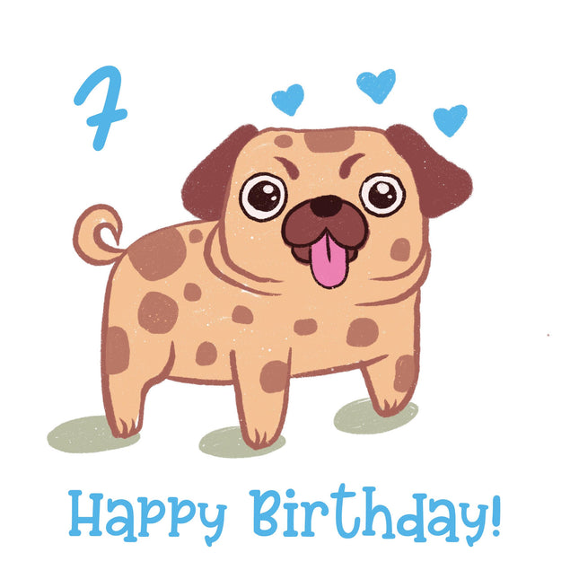 Blue Cute Pug Happy 7th Birthday Confetti-exploding Greetings Card