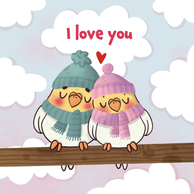 Warm Dressed Bird Couple Happy Valentine's Day Confetti-exploding Greetings Card