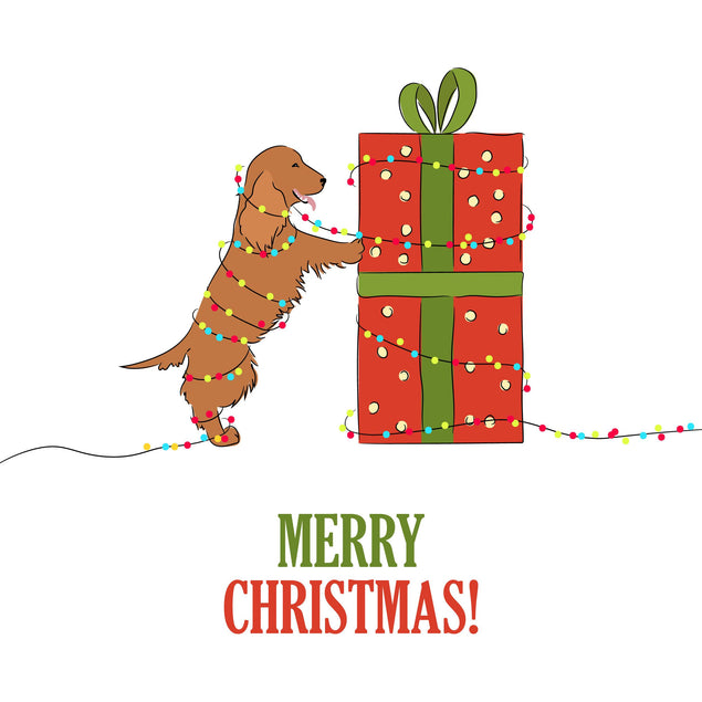Merry Christmas Cute Little Cocker Spaniel And A Huge Gift Confetti-exploding Greetings Card