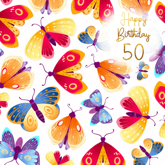 Fantastic Orange Butterflies 50th Birthday Confetti-exploding Greetings Card