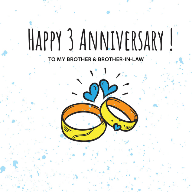 Happy 3rd Wedding Anniversary Brother And Brother-in-law Rings And Blue Hearts Confetti-exploding Greetings Card