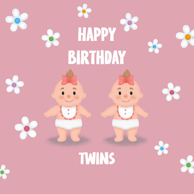 Flowers And Babies In Pink Happy Birthday Twins Confetti-exploding Greetings Card