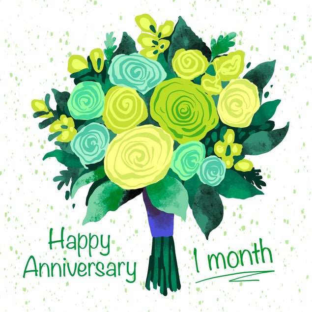 Happy Anniversary 1 Month Green Roses Bouquet Confetti-exploding Greetings Card