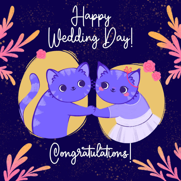 Happy Wedding Day Congratulations Cute Blue Cats Confetti-exploding Greetings Card