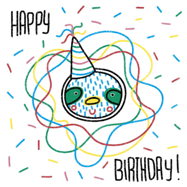 Happy Birthday Crayon Sloth With A Birthday Hat Confetti-exploding Gre ...