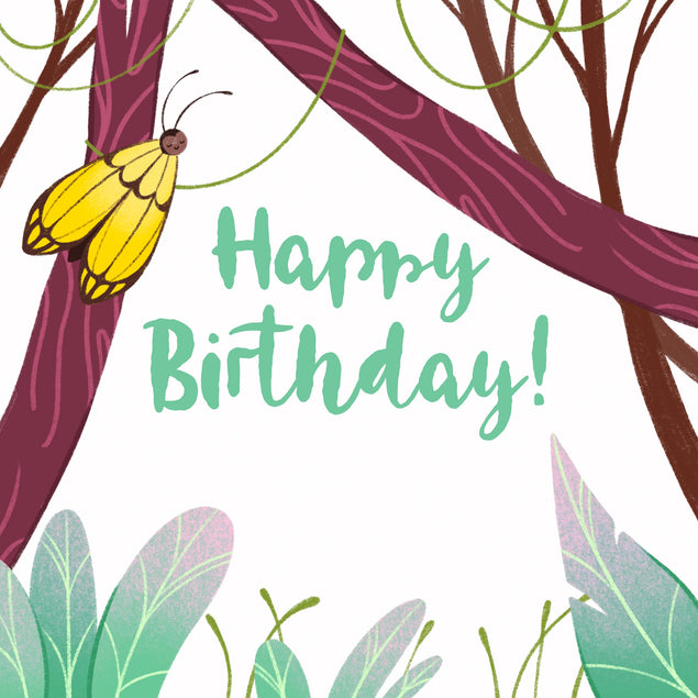 Happy Birthday Yellow Butterfly On A Tree Confetti-exploding Greetings Card