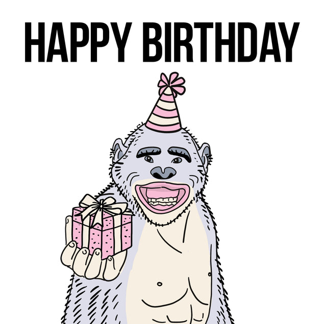 Grey Monkey With A Gift Happy Birthday Confetti-exploding Greetings Card