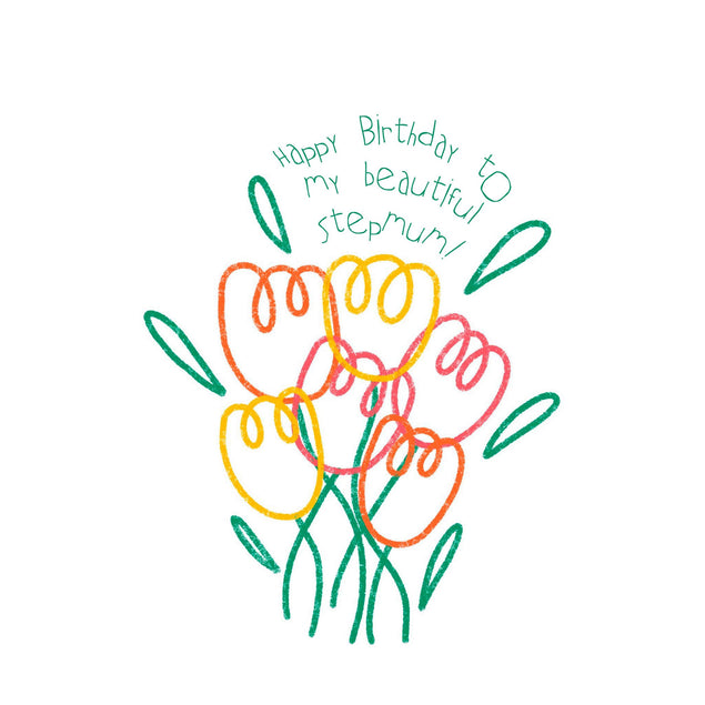 Happy Birthday Stepmum Hand Drawn Flowers Confetti-exploding Greetings Card
