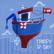 Blue Background Fishing Boat Happy Birthday Confetti-exploding Greetings Card
