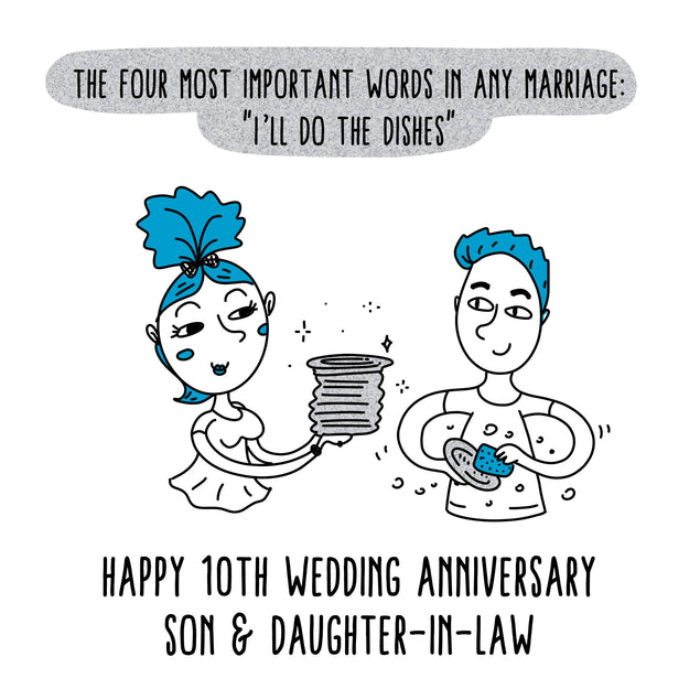 Happy 10th Wedding Anniversary Son And Daughter-in-law Couple Doing The Dishes Confetti-exploding Greetings Card