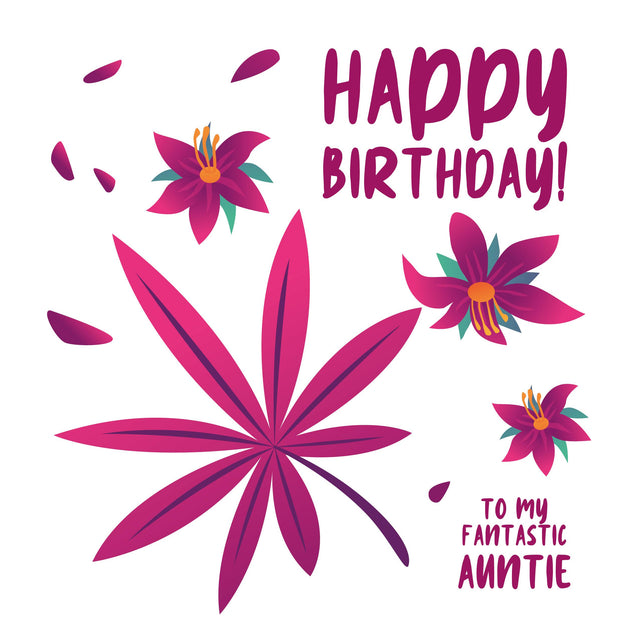 Happy Birthday Fantastic Auntie Simple Purple Tropical Plant And Flowers Confetti-exploding Greetings Card