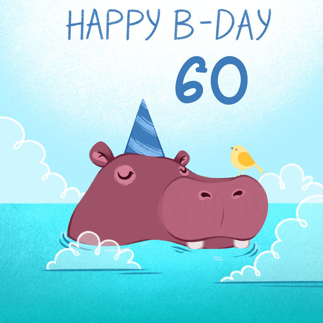 Festive Hippo Blue Background Happy 60th Birthday Confetti-exploding Greetings Card