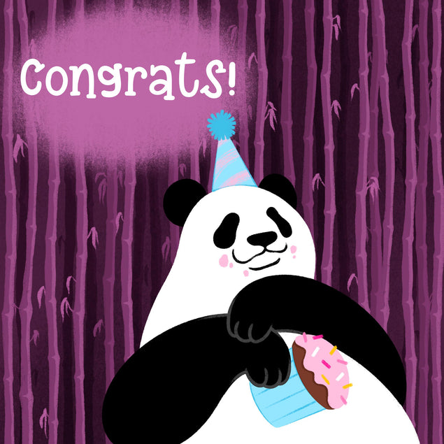 Purple Bamboo Background Panda Congrats Confetti-exploding Greetings Card