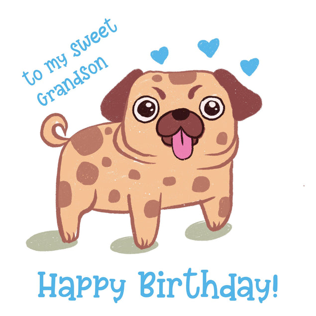 Blue Cute Pug Happy Birthday Grandson Confetti-exploding Greetings Card