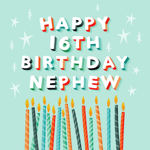 Nephew Colourful Candles 16th Birthday Confetti-exploding Greetings Card