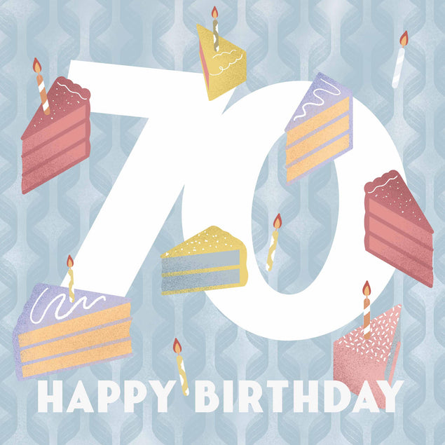 Happy 70th Birthday Pieces Of Cake Blue Confetti-exploding Greetings Card