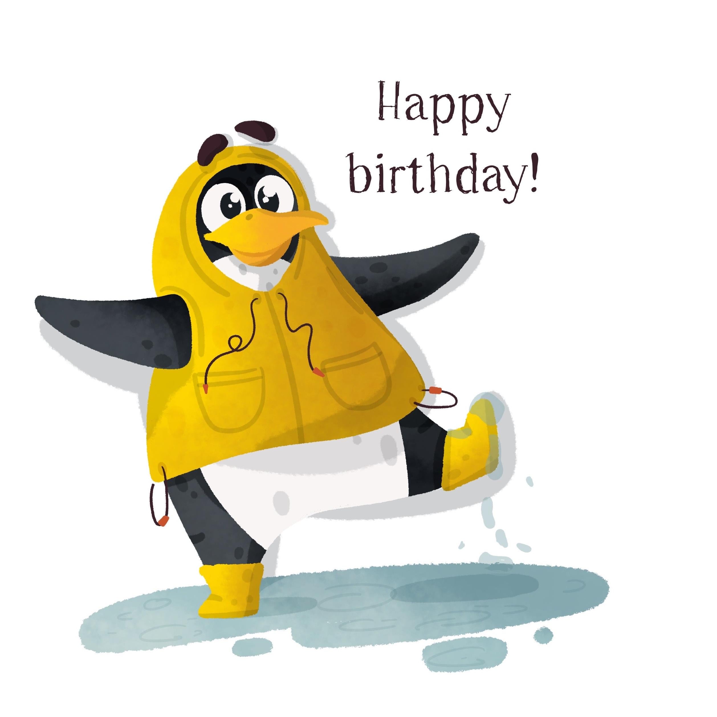 Penguin Playing In The Rain Happy Birthday Confetti-exploding Greeting ...