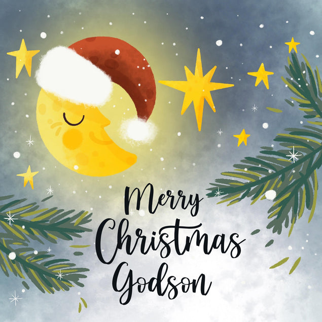 Merry Christmas Godson Smiling Crescent Confetti-exploding Greetings Card