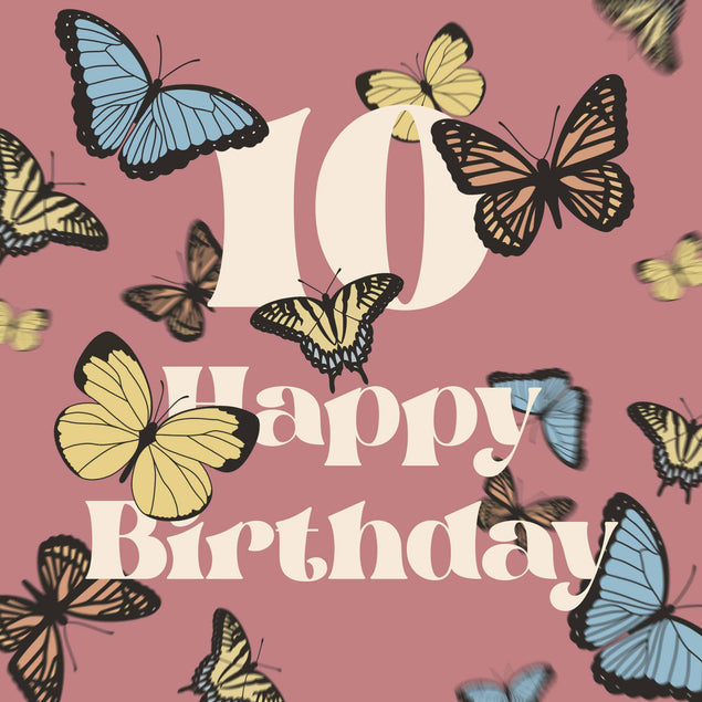 Blue And Yellow Butterflies On A Pink Background Happy 10th Birthday Confetti-exploding Greetings Card