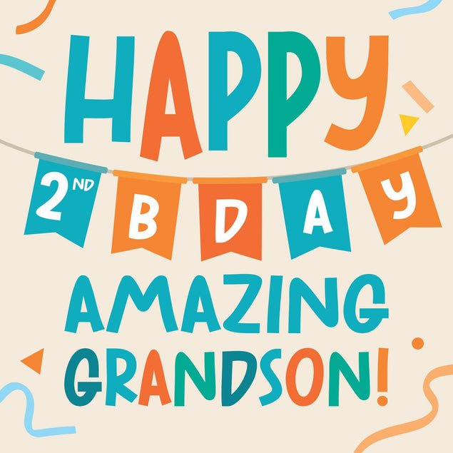 Colourful Letters Happy 2nd Birthday Grandson Confetti-exploding Greetings Card