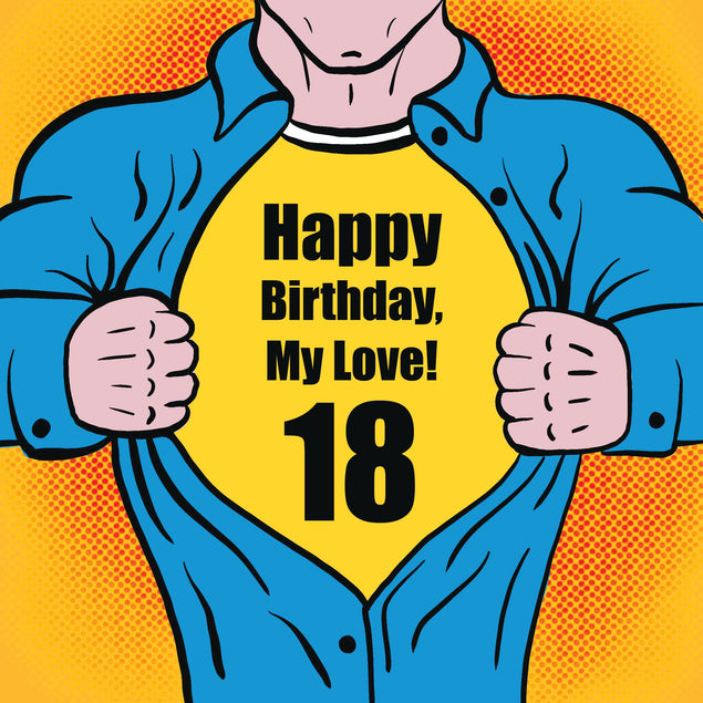 Pop-Art Background Superhero Happy 18th Birthday My Love Confetti-exploding Greetings Card