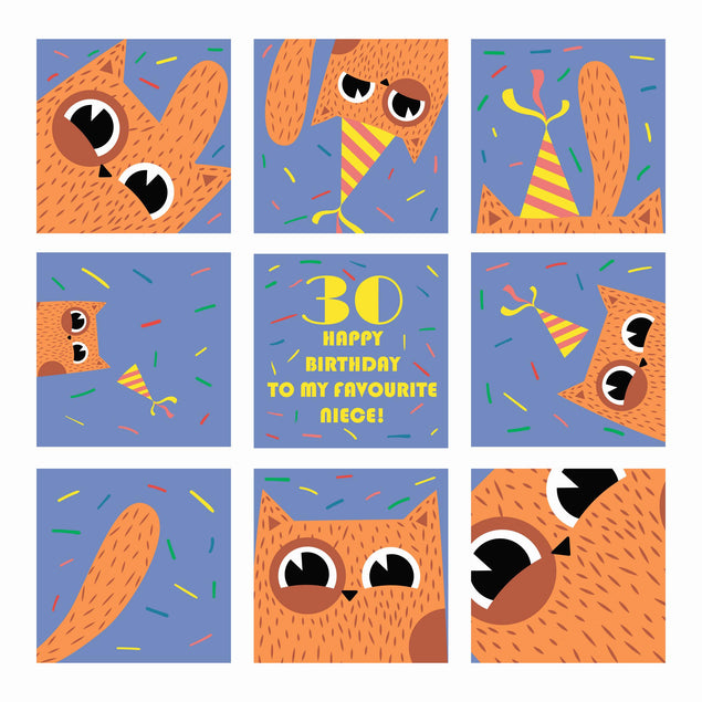 Funny Red Cat Happy 30th Birthday Niece Confetti-exploding Greetings Card