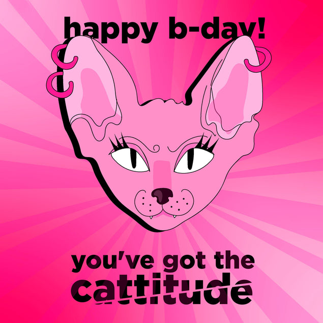 Cool Pink Cat Cattitude Happy Birthday Confetti-exploding Greetings Card