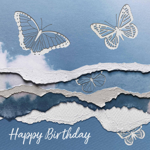 Torn Paper Blue Butterfly Birthday Confetti-exploding Greetings Card