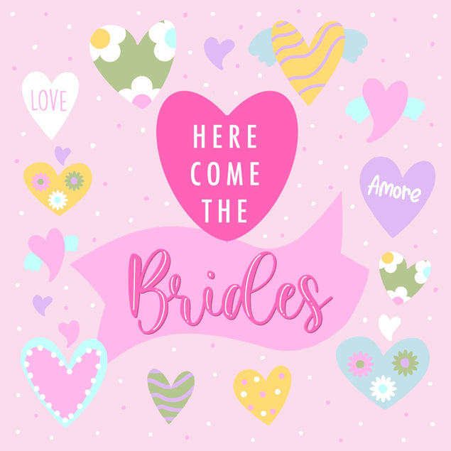 Here Come The Brides Colourful Hearts Wedding Confetti-exploding Greetings Card
